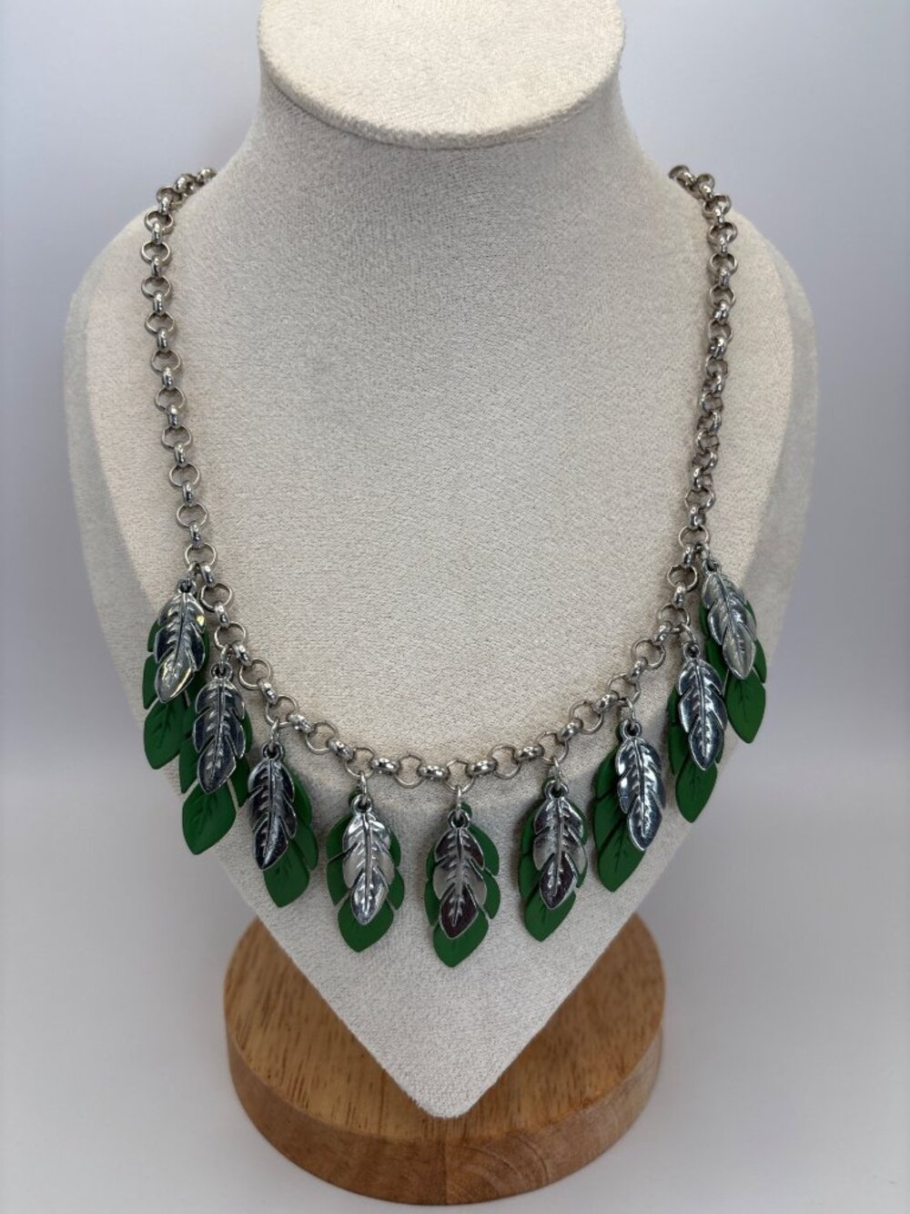 Silver Tone and Green Leaf Chain Statement Necklace